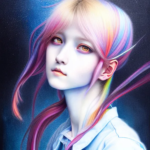 Image similar to a portrait of girl with rainbow hair white shirt, denim shorts, an ultrafine detailed painting by ayami kojima, cgsociety, fantasy, anime digital art, lovecraftian, cosmic horror, detailed painting