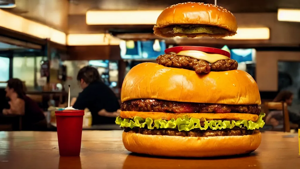 Image similar to the giant cheeseburger at the fast food place, film still from the movie directed by denis villeneuve and david cronenberg with art direction by salvador dali, wide lens