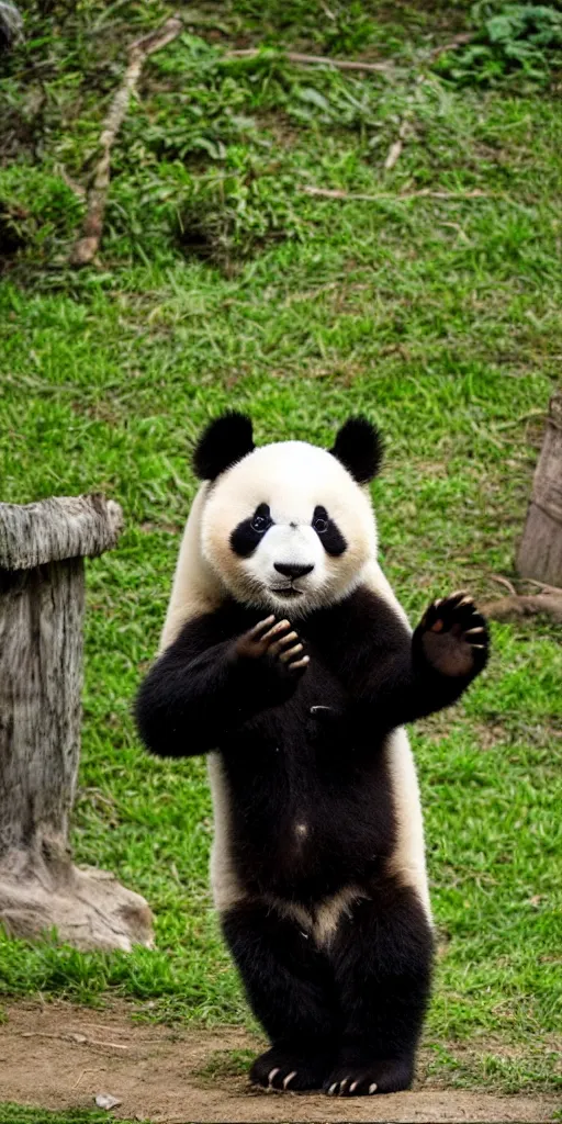 Prompt: adorable panda cub practicing t'ai chi at the chengdu panda base exhibit, national geographic style, golden hour