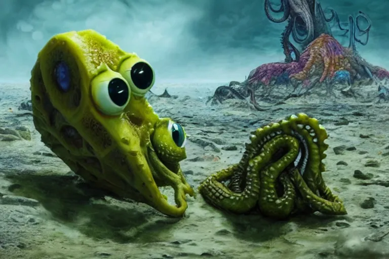 Image similar to Spongebob Cthulhu chimera, photorealistic still from Alien Planet(2005), artstation