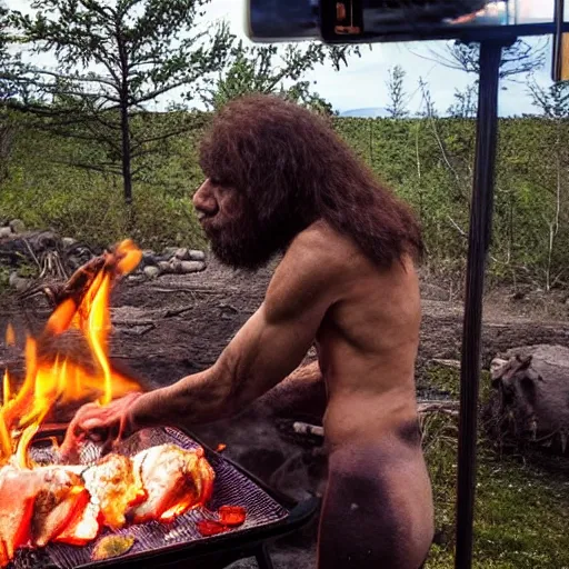 Prompt: “color photo of a Neanderthal with no cloth man taking an iPhone photo of a mammoth cooking on the grill, National Geographic , anthropology photo”