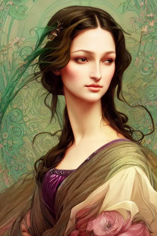 Image similar to beautiful portrait of a woman, not mona lisa pose, intricate, elegant, highly detailed, digital painting, artstation, concept art, smooth, sharp focus, illustration, art by lisa frank and jim lee character portrait artgerm and greg rutkowski and alphonse mucha