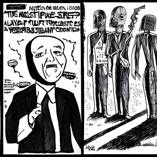 Prompt: stick figure political cartoon, encounters of the third kind, illuminati, conspiracy theories