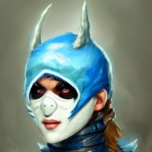 Image similar to snow bandit from ‘ icewind dale ’ with a bright blue gem mask, ‘ icewind dale 2 ’ profile portrait by ‘ justin sweet ’, falling snow, soft focus, illustration, oil paint, artstation