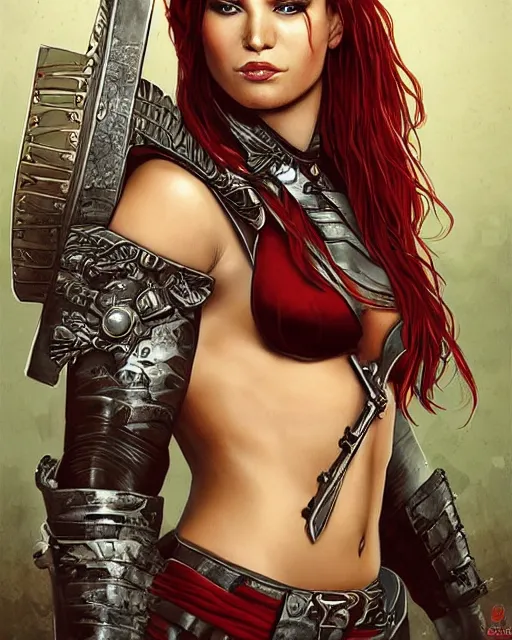 Prompt: a beautiful and strong female warrior by Boris Valejo and Laura Sava