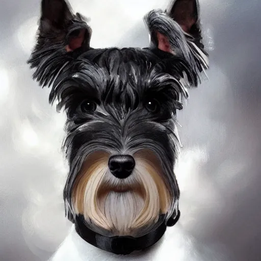 Image similar to portrait of stoic looking miniature schnauzer, military uniform, black fir, white eyebrows, fantasy, intricate, elegant, highly detailed, centered, dark, smokey, digital painting, artstation, concept art, smooth, sharp focus, illustration, art by artgerm and greg rutkowski and alphonse mucha