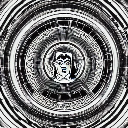 Prompt: 2 d techno buddha in front of concentric geometric radial sun portal with ancient wuji symbols embedded within it, black fine lines, sci fi, artstation