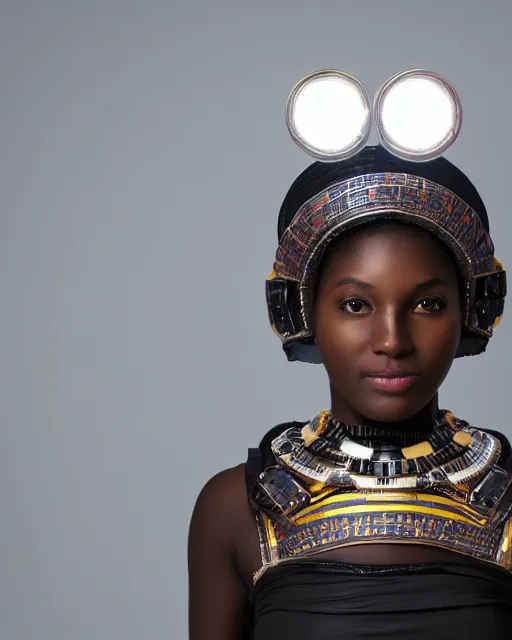 Prompt: centered medium shot fine studio photograph of a beautiful black girl wearing only a mecha Maasai helmet with bright lights, ultra-realistic, white background, 8k HDR sunset lit, intricate