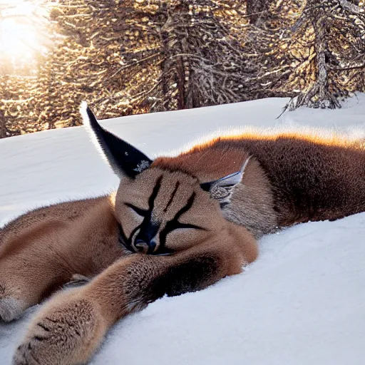 Image similar to photo still of drunk sleepy fat chubby caracal, lying sleeping on snow, big stomach, fullbody, sunny winter day