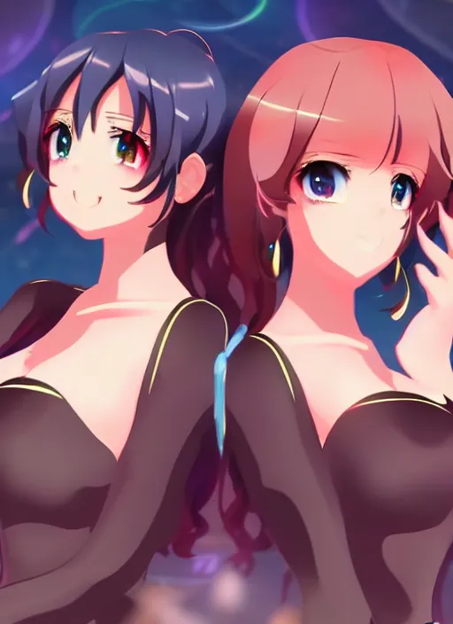 Prompt: two beautiful mature idols performing, gorgeous faces, smooth, thick lines, cinematic lighting, detailed anime art