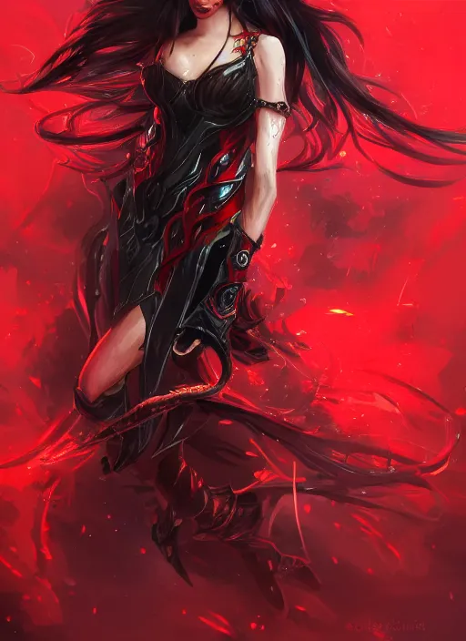 Prompt: a highly detailed illustration of elegant long black haired woman wearing red and black battle dress, heroically posing, with rainbow magic surrounding her, intricate, elegant, highly detailed, centered, digital painting, artstation, concept art, smooth, sharp focus, league of legends concept art, WLOP