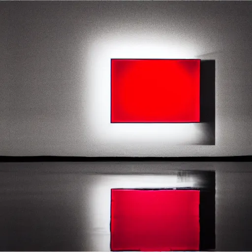 Prompt: a red cube reflected by water in a white room, professional photography, 4k lighting