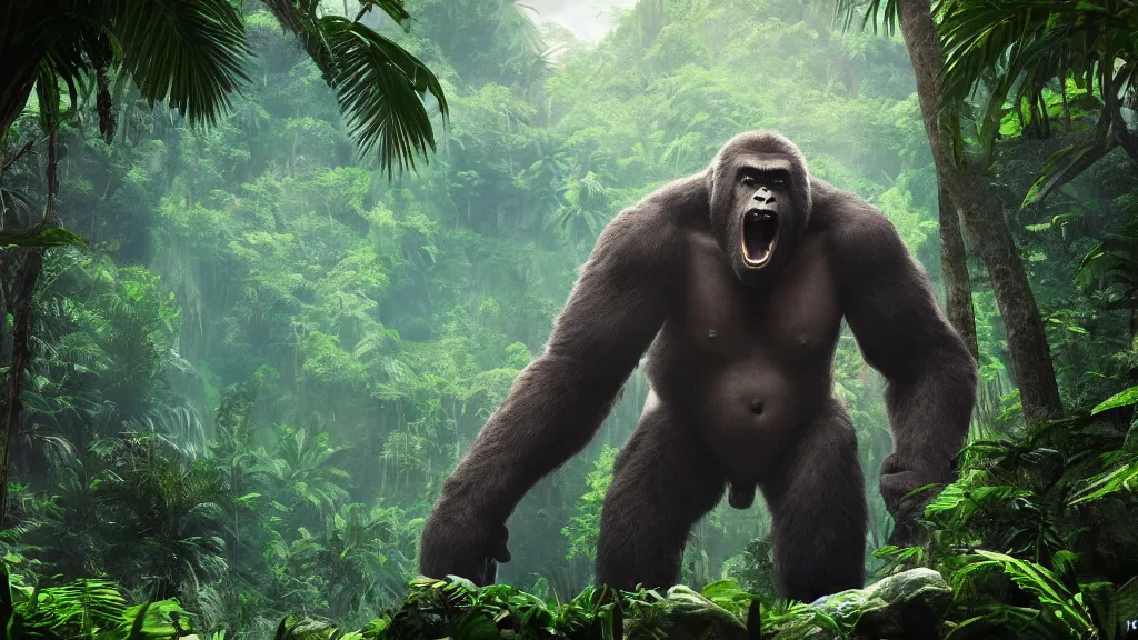 Prompt: a giant monster King Kong in a tropical forest, fantasy artwork, very very very beautiful scenery, hd, hdr, ue5, ue6, unreal engine 5, cinematic 4k wallpaper, 8k, ultra detailed, high resolution, artstation, award winning