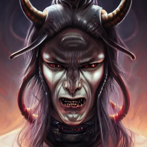 Image similar to portrait, cyberpunk japanese oni demon with horns, stern expression, long hair, highly detailed, digital painting, artstation, concept art, smooth, sharp focus, illustration, artgerm, tomasz alen kopera, peter mohrbacher, donato giancola, joseph christian leyendecker, wlop, frank frazetta