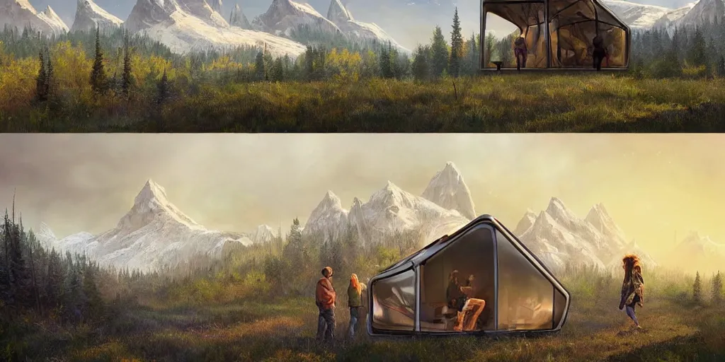 Image similar to cabela's beautiful comfortable futuristic pop up insulated all terrain family pod, cabin, modular, person in foreground, mountainous forested wilderness open fields, beautiful views, painterly concept art, joanna gaines, environmental concept art, farmhouse, magnolia, concept art illustration by ross tran, by james gurney, by craig mullins, by greg rutkowski trending on artstation