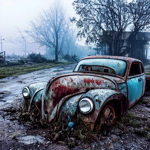 Image similar to apocalyptic, ruined town, abandoned streets, littered, decrepit homes and sheds on the side of the road, slowly being reclaimed by nature. rusted tesla car. fog, dew, rain, volumetric lighting, beautiful, summer morning dew, sharp focus, ultra detailed, cgsociety - w 1 0 2 4 - n 8 - i