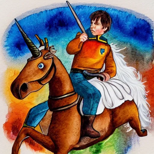 Image similar to wesley crusher riding a unicorn into battle watercolour