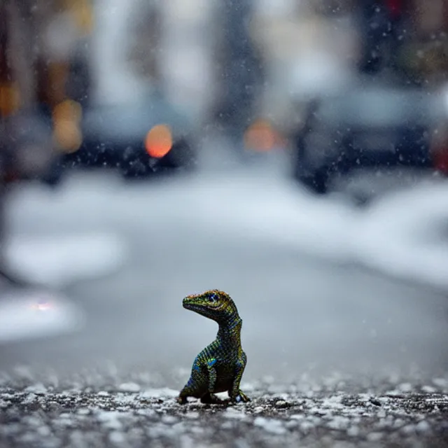 Image similar to a beautiful photo by saul leiter of a tiny dinosaur standing in the street, tiny gaussian blur, insanely detailed, insanely intricate, insanely beautiful, depth of field, low contrast, snowy, wide aperture