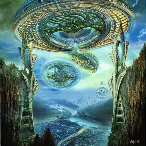 Prompt: soaring towers and openwork bridges, under outer world forrest, rivers and lakes, art by Dmitry Dubinsky