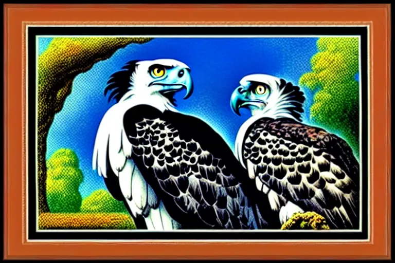 Prompt: harpy eagle framed photo, carl barks, pointillism, high saturation