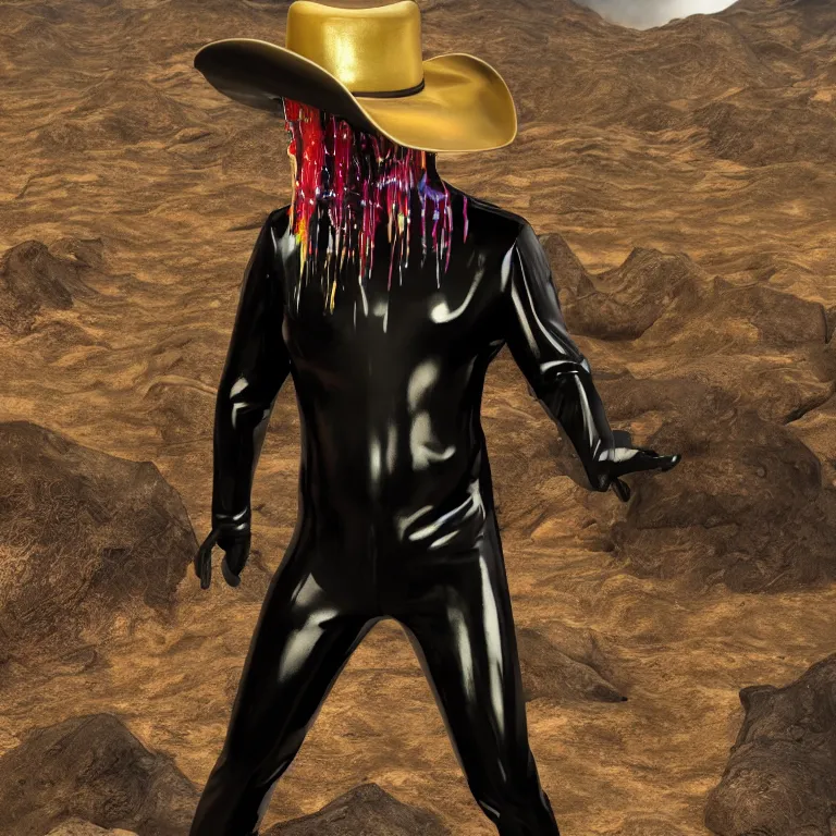 Image similar to octane render portrait by wayne barlow and carlo crivelli and glenn fabry, a man wearing a shiny black latex suit and cowboy hat covered in colorful slime, standing in a scenic western landscape, cinema 4 d, ray traced lighting, very short depth of field, bokeh