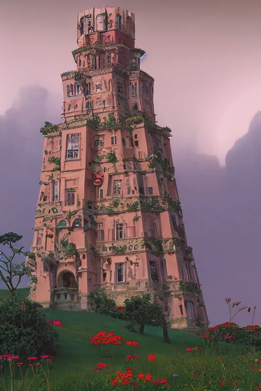 Prompt: painted tower of the moon in its gardens fairytale illustration, elaborate latticed balconies, tall windows, formal flower gardens, dramatic cinematic lighting, rich colors, golden age illustration, by Ludwig Deutsch and William Dyce and April Gornik and (Edmund Dulac and Nicholas Roerich),unreal engine