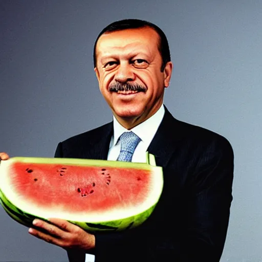 Image similar to recep tayyip erdogan smiling holding watermelon for a 1 9 9 0 s sitcom tv show, studio photograph, portrait c 1 2. 0