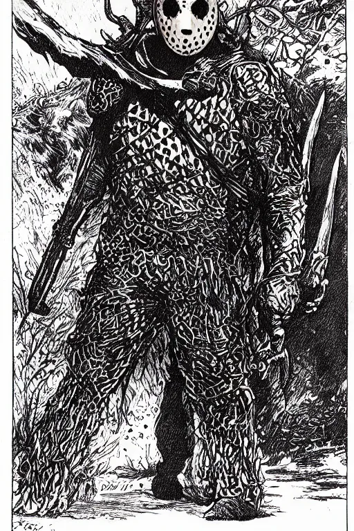 Image similar to Jason Voorhees as a D&D monster, pen-and-ink illustration, etching, by Russ Nicholson, DAvid A Trampier, larry elmore, 1981, HQ scan, intricate details, high contrast