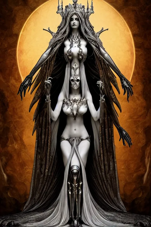 Image similar to Full Body View, Beautiful Face, The Fantasy Goddess Eris, on her Throne, by NIXEU, by HR Giger, by WLOP, by Attila Adorjany