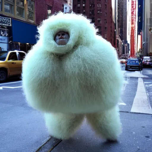 Image similar to colossal fluffy tardigrade, new york, golden hour, cinematic, action shot