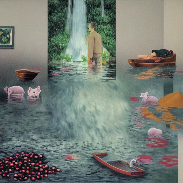 Image similar to painting of flood waters inside an apartment, emo catgirl art student, a river flooding inside, taps with running water, tangelos, zen, pigs, ikebana, water, river, rapids, waterfall, black swans, canoe, pomegranate, berries dripping, acrylic on canvas, surrealist, by magritte and monet