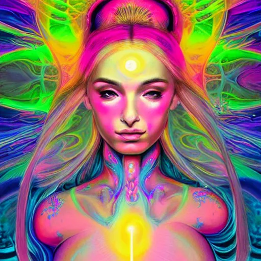 Image similar to a neon psychedelic chakra awakening kundalini ethereal portrait of kim petras with her eyes closed transcending to a higher plane of existence, eternal blessing, multiverse, by android jones, by ben ridgeway, visionary art, by artgerm, featured on artstation, cgsociety, by greg rutkowski