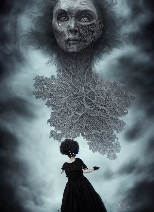 Image similar to dramatic matte portrait painting of woman with black mandelbrot fractal instead of face, horror, body horror, dark art, 4 k, detailed, realistic, psychotic, insane, crazy, mental illness, dramatic,