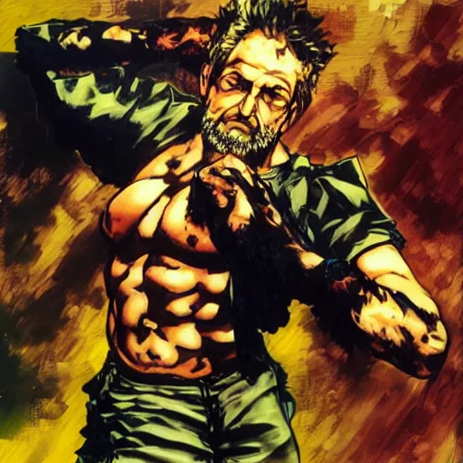 Image similar to slavoj zizek in a jojo pose, oil on canvas by yoji shinkawa