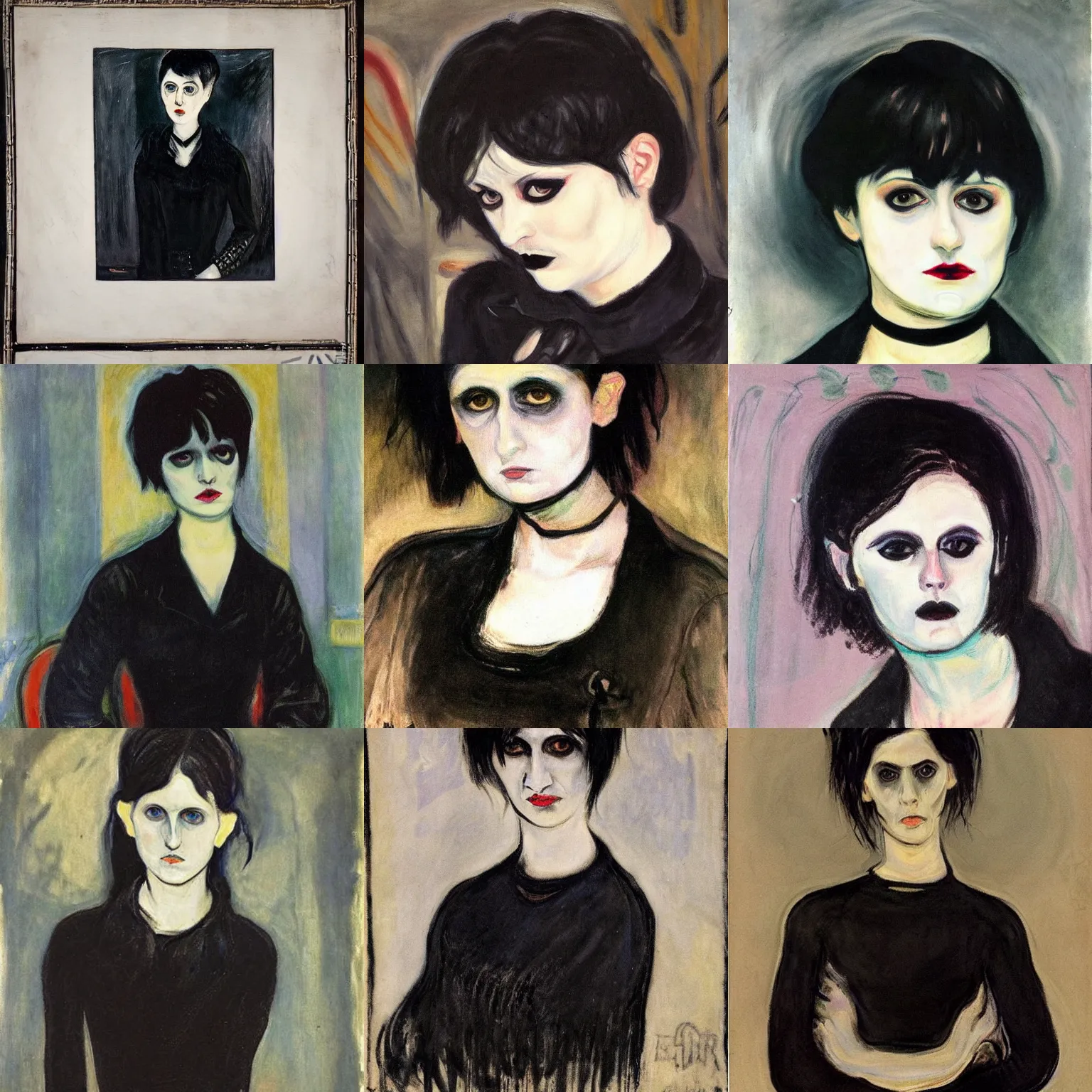 Prompt: A goth portrait painted by Edvard Munch. Her hair is dark brown and cut into a short, messy pixie cut. She has a slightly rounded face, with a pointed chin, large entirely-black eyes, and a small nose. She is wearing a black tank top, a black leather jacket, a black knee-length skirt, a black choker, and black leather boots.