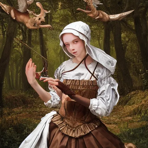 Image similar to A masterpiece ultrarealistic ultradetailed portrait of a Incredibly beautiful maid baroque renaissance swamp nun girl hunting on deer with russian greyhound medium shot, intricate, elegant, highly detailed. trending on artstation, digital art, by Stanley Artgerm Lau, WLOP, Rossdraws, James Jean, Andrei Riabovitchev, Marc Simonetti, Yoshitaka Amano. background by James Jean and Gustav Klimt, light by Julie Bell, 4k, porcelain skin.