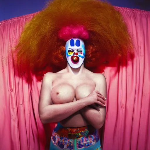 Image similar to female clown photo, wide angle lens, full body, photo by David LaChapelle