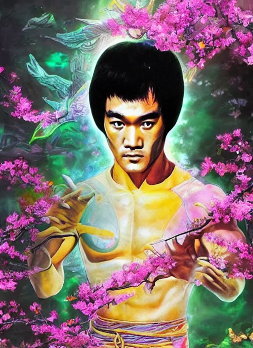 Image similar to portrait of Bruce Lee as a Celestial of a futuristic pearlescent holographic, inside future fighter, sci-fi, fantasy, intricate, lush garden spaceship with sakura season flowers in Kyoto Japan, elegant, human anatomy, royal green and nature light, highly detailed, digital painting, artstation, concept art, smooth, sharp focus, illustration, art by tian zi and WLOP and alphonse mucha, masterpiece, 3d blender