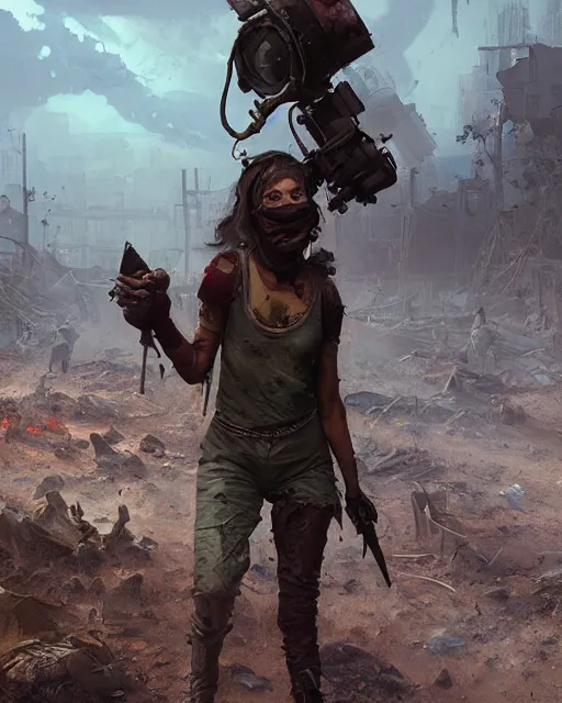 Prompt: hyper realistic photo of postapocalyptic nomad girl, full body, cinematic, artstation, cgsociety, greg rutkowski, james gurney, mignola, craig mullins, brom