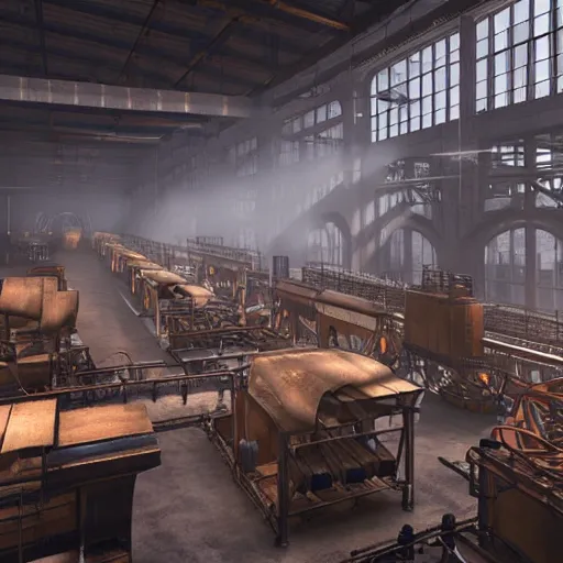 Image similar to factories of the industrial revolution in europe, highly detailed, photorealistic shot, bright studio setting, studio lighting, crisp quality and light reflections, unreal engine 5 quality render