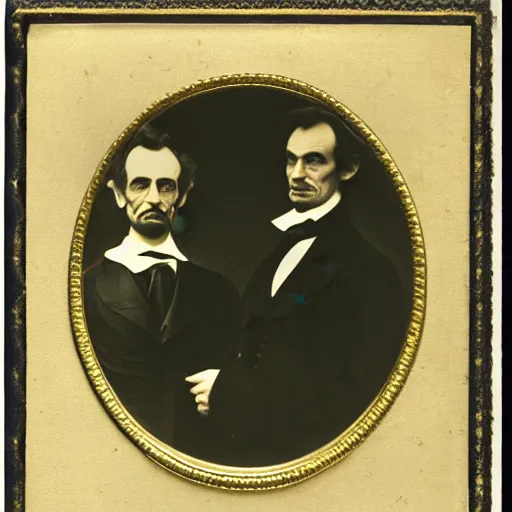 Prompt: John Wilkes Booth being given a presidential pardon by Abraham Lincoln, sepia, from the archives of The Smithsonian