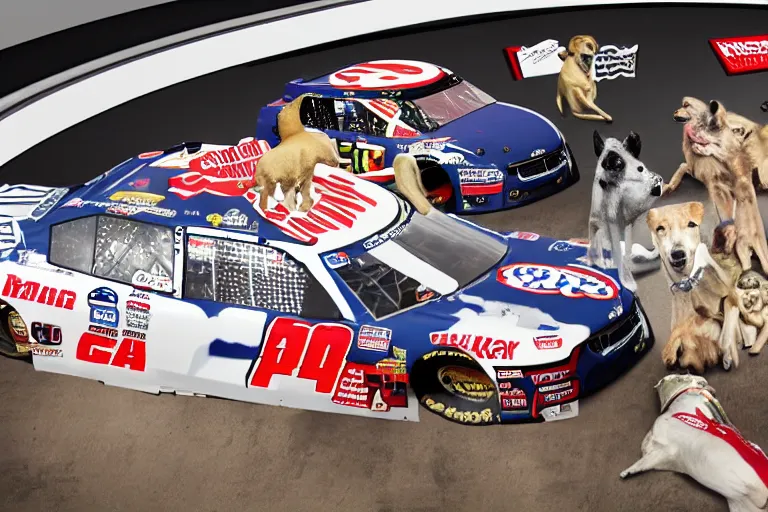 Prompt: vfx movie nascar driver covered in corporate sponsor logos holding up bone for pack of dogs in the u. s. senate. by emmanuel lubezki