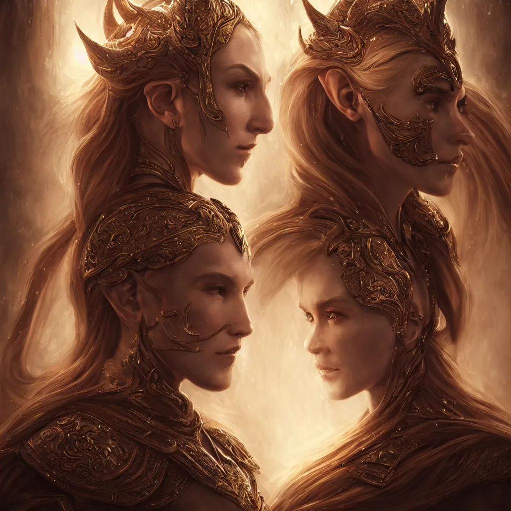 Prompt: Majestic and regal portrait of a riveting and awe inspiring female High Elf nobility, intricate, epic, elegant, menacing, fantasy, photo realistic, digital painting, hard focus, beautiful volumetric lighting, epic light, ultra detailed, by Leesha Hannigan, Ross Tran, Thierry Doizon, Kai Carpenter, Ignacio Fernández Ríos