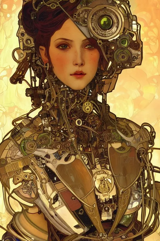 Image similar to realistic detailed portrait of a humanoid mecha cyberpunk! goddess by Alphonse Mucha and Charlie Bowater, rule of thirds, golden ratio, Art Nouveau cyberpunk! style, mechanical accents!, mecha plate armor, glowing LEDs, flowing wires with leaves, rich deep moody colors