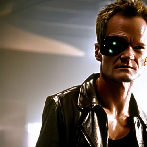 Image similar to neil patrick harris as the terminator, 4 k hd film still, terminator, red eye, cyborg