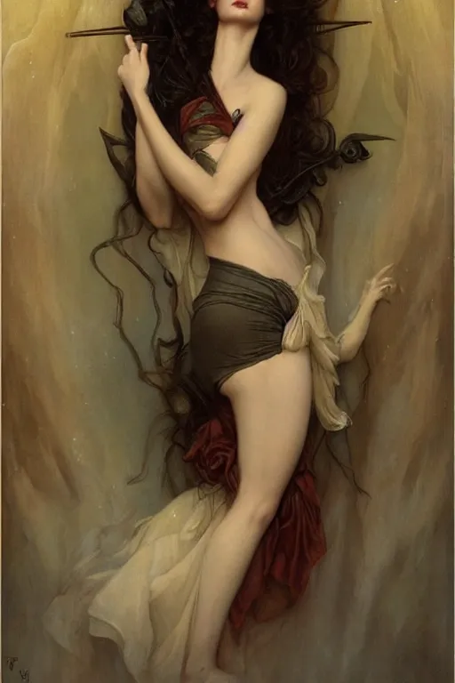 Image similar to Eva Green by Tom Bagshaw in the style of Gaston Bussière, art nouveau