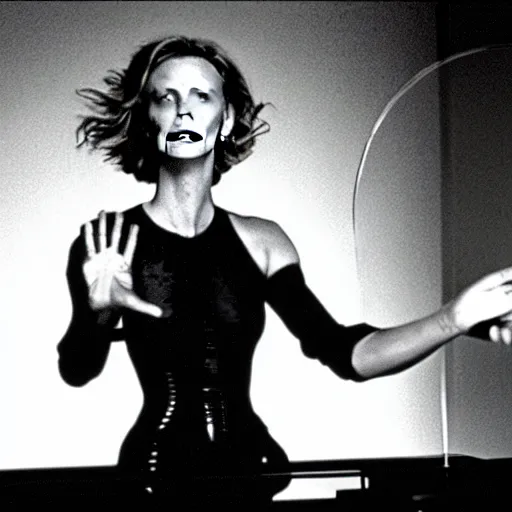 Image similar to charlize theron waving her arms over a theremin. behind her is a jacob's ladder spark generator with big electric arcs. german expressionism, dramatic and moody