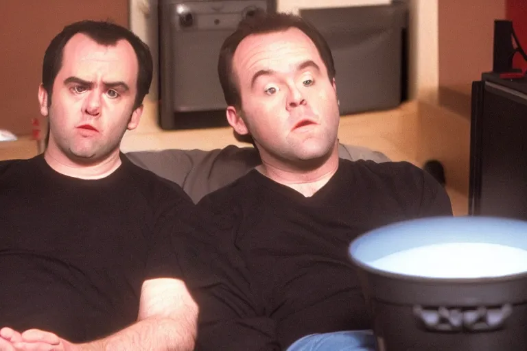 Prompt: RedLetterMedia chilling as they watch The Room, cinematic, 8k