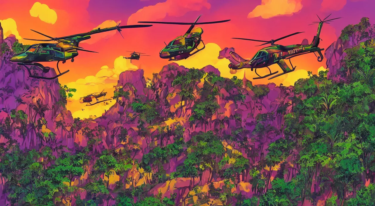 Prompt: helicopters flying low over jungle mountains sunset sky rice patties beautiful artstation 4 k breathtaking illustration cartoon by jack kirby