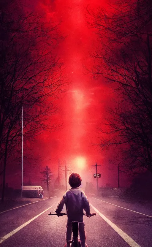 Image similar to stranger things inspired wallpaper, red ambience, at night, creepy over the street in the background, dynamic lighting, photorealistic fantasy concept art, trending on art station, stunning visuals, creative, cinematic, ultra detailed